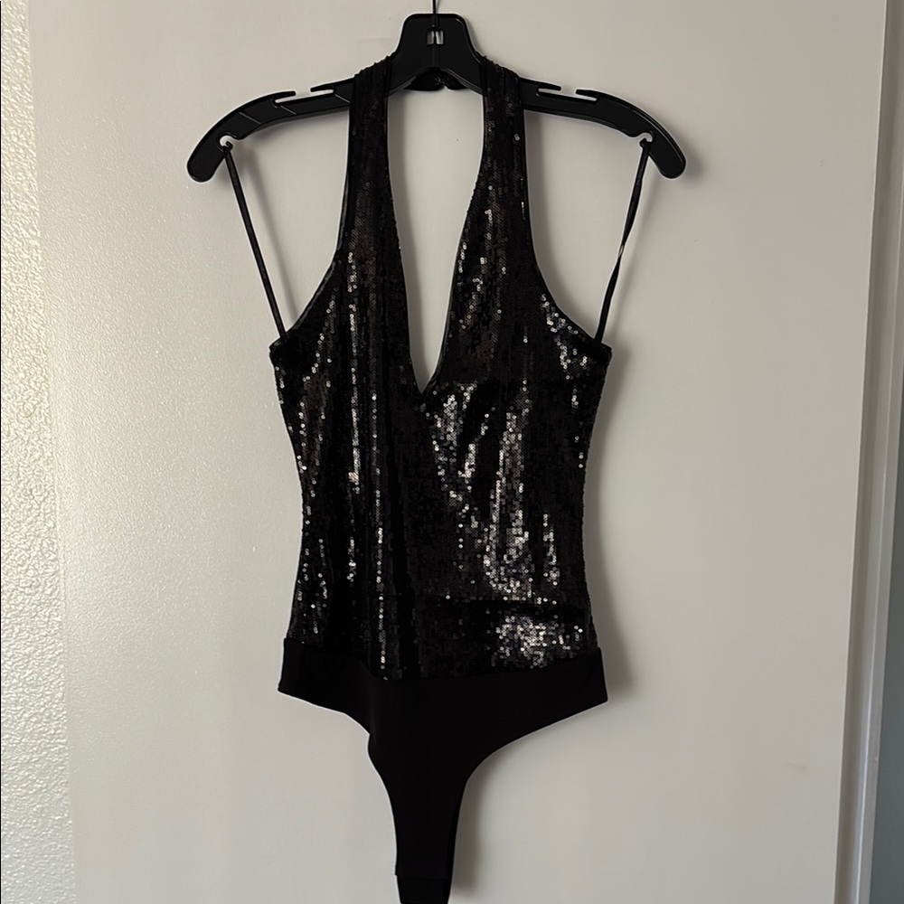 BCBG Black Sequin Deep V Bodysuit